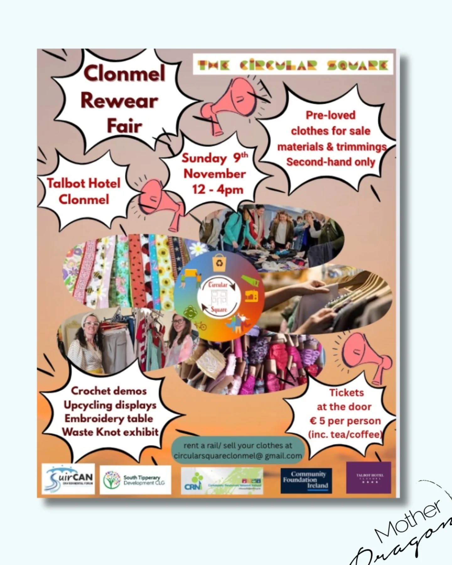 REWEAR secondhand clothes FAIR this Sunday 9th November in the @talbot_hotel_clonmel 

With over 30 pre-loved clothes vendors,  displays and demonstrations, it is set to be a super day. 

I'll have maternity, breastfeeding and non maternity clothes with me including some amazing new stock! 🤰🏻♻️🤱🏽👕

Tickets €5 at the door inc coffee/tea.

Supported by @talbot_hotel_clonmel @communityfoundationireland as part of our #wasteknot project

#motherdragonireland #choosepreloved #secondhandfirst #vintagefashion #tipperary #consiousstyle #greenfashion #fashionrevolution