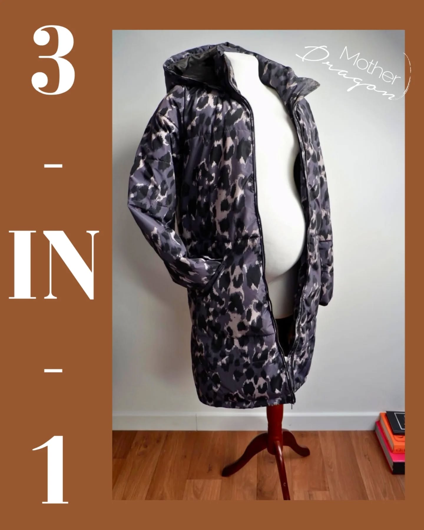 I'm so thrilled to have this Mamalicious 3-in-1 coat back in the shop. This fabulous padded grey and black animal print coat features a detachable expander panel to allow for your growing bump, a generous hood, ribbed cuffed sleeves, two front pockets with stud fastenings, an inner bottom hem drawstring and exposed two-way centre zips. The coat’s versatile design means you wear this during pregnancy and beyond.

#motherdragonireland #maternitycoat #pregnancyfashion #prelovedclothing #sustainablemum #choosepreloved #animalprint