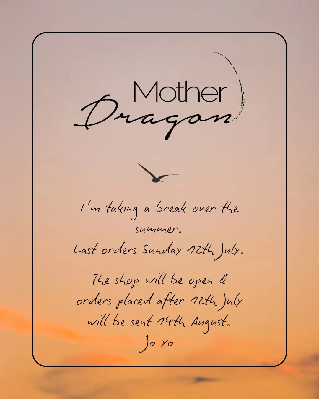 I'll be taking a break over the summer so last orders: 12th of July. Any orders placed after this date will be posted from 14th August.

The shop will remain open, and I'll still be checking emails and social media occasionally 😜

It's going to be a huge second half of the year for Mother Dragon, with lots of exciting things planned! If you read the Summer Newsletter, you'll already know what's coming... 👀

In the meantime, I'll be sharing a few of my family adventures over on Mother Dragon's Instagram, so be prepared for 🥐🐔😎🥵🧀📚

#motherdrqgonireland #prelovedfashion #maternityclothes #summerbreak #familyadventures