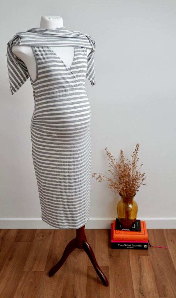 Blooming Marvellous Grey and White Striped Maternity and Breastfeeding T-Shirt Dress - Image 2