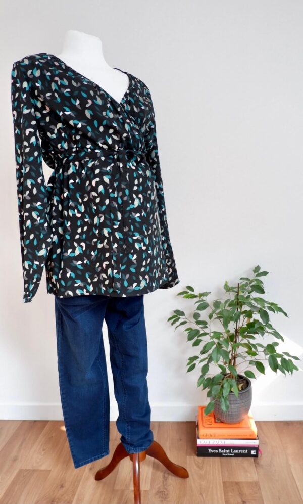 Mamalicious Maternity Black Wrap Top with Green Leaf Print