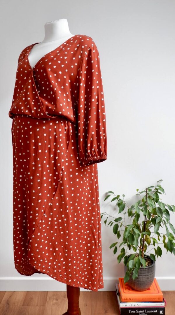 Brown and White Polka Dot Wrap Dress - Image 3