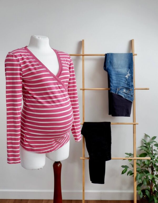GAP Body Maternity Crossover Pink & White Stripe Long Sleeved Top