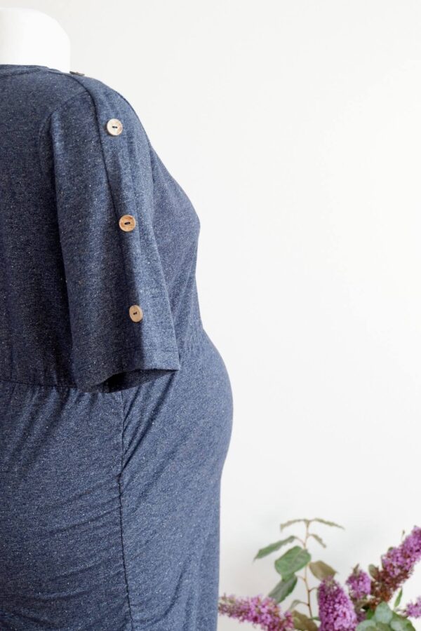 image of button detailed on sleeves of dark blue maternity dress