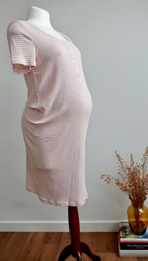 Mamalicious Maternity Pink and White Ribbed Stripe Short Sleeve Nightdress