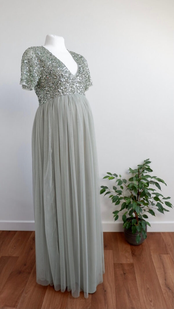 Maya Deluxe Maternity Sage Green Short Sleeved Sequinned Tulle Maxi Dress