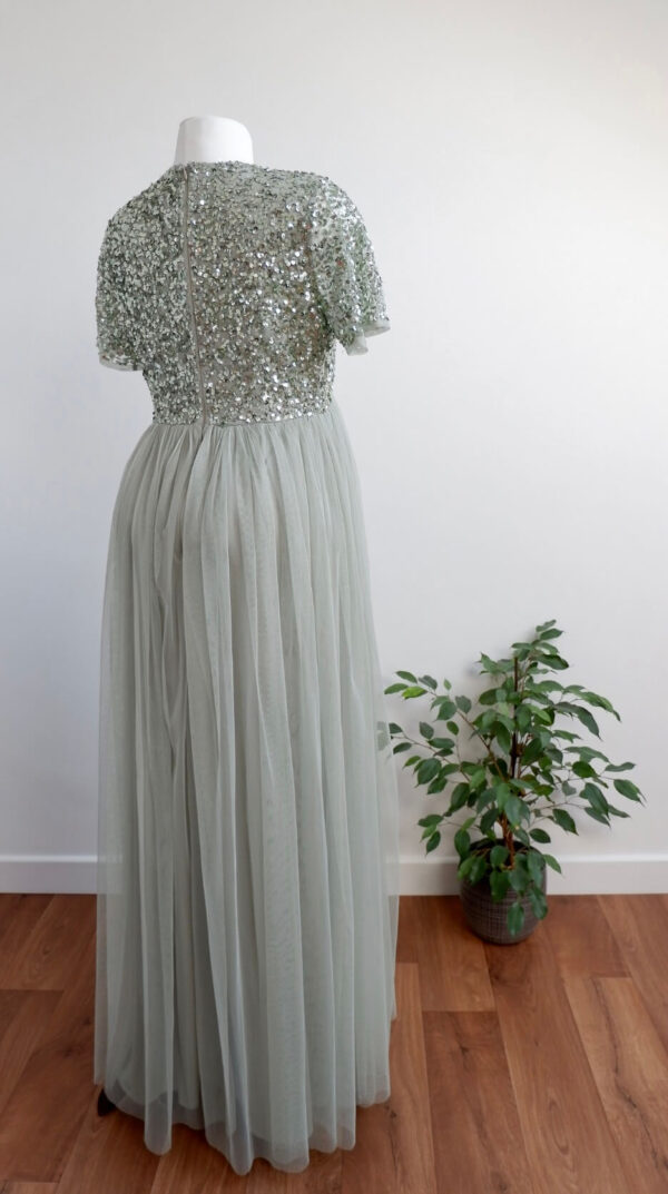 Maya Deluxe Maternity Sage Green Short Sleeved Sequinned Tulle Maxi Dress - Image 3