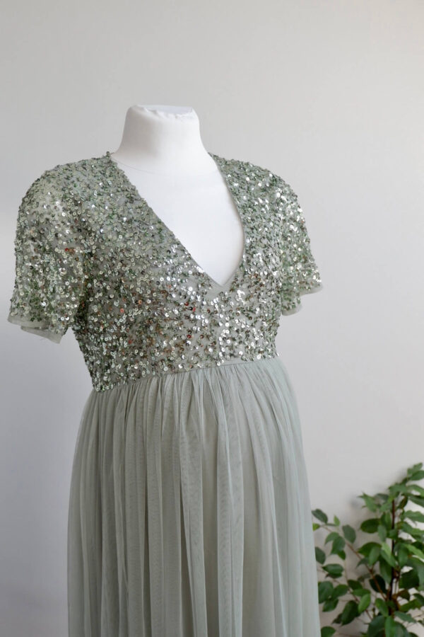 Maya Deluxe Maternity Sage Green Short Sleeved Sequinned Tulle Maxi Dress - Image 2