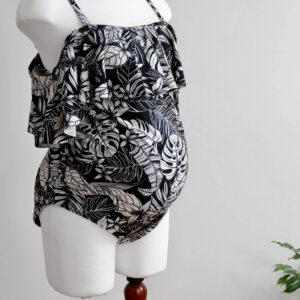 Front image of New Look black and white tropical patterned swimsuit