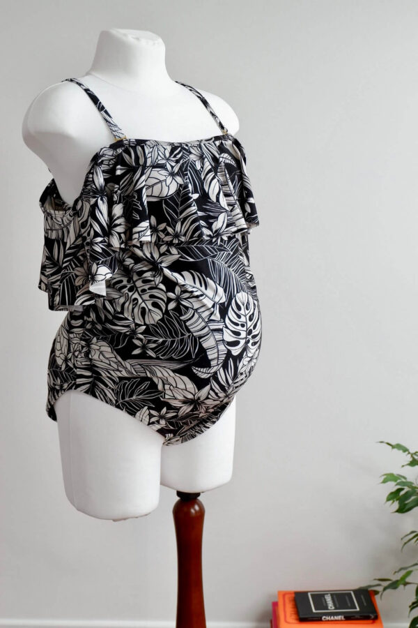 Front image of New Look black and white tropical patterned swimsuit