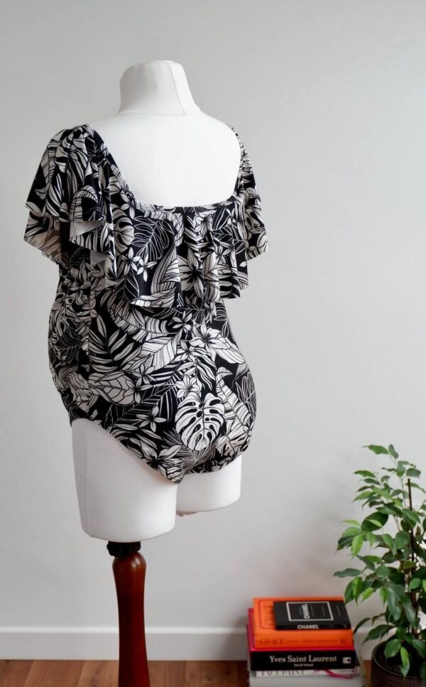 Back image of New Look black and white tropical patterned swimsuit