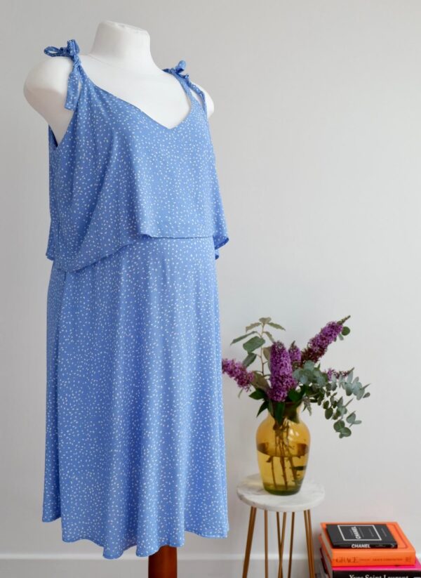 Light blue summer dress with white polka dots on a maternity mannequin