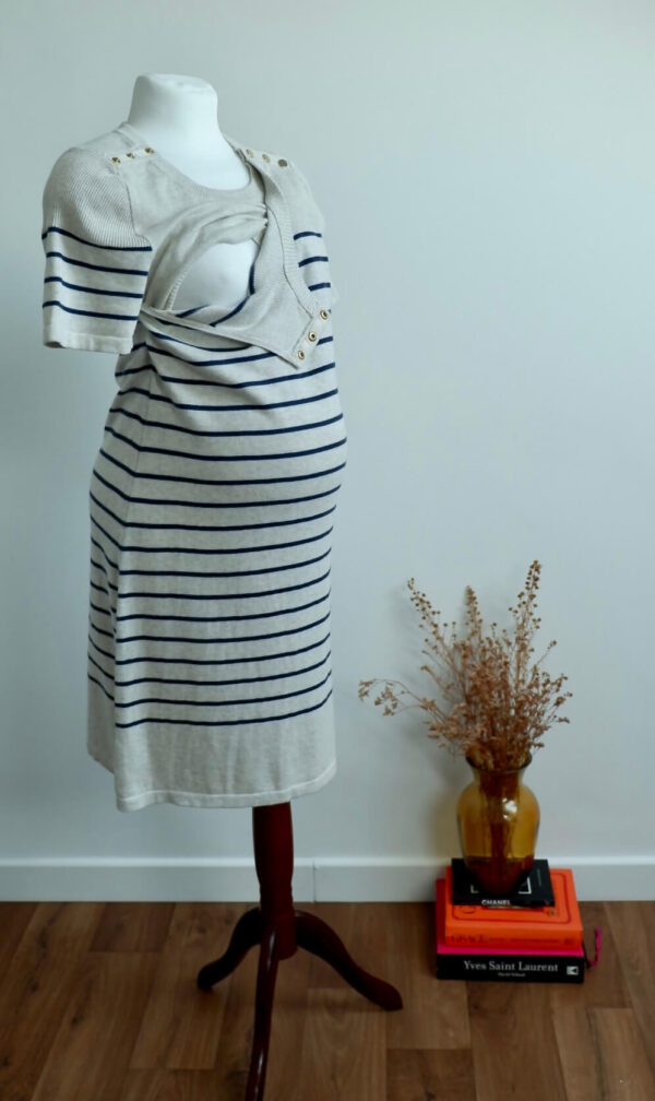 Seraphine Grey Marl and Navy Striped Knitted Breastfeeding Dress - Image 3