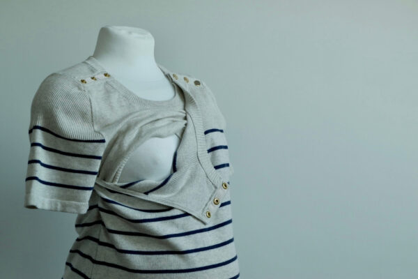 Seraphine Grey Marl and Navy Striped Knitted Breastfeeding Dress - Image 2