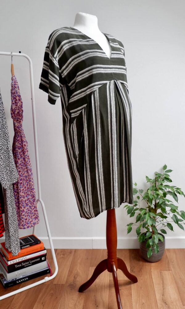 Whistles Khaki Green and White Striped Short Sleeved Dress